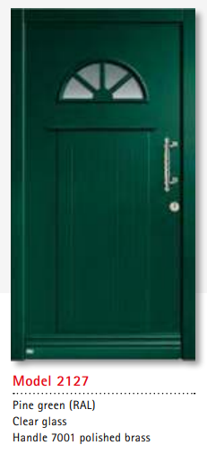 UNILUX Model 2127 Pine Green Door, Clear Glass, Polished Brass Handle, Modern Timber Entry Door, Custom Security